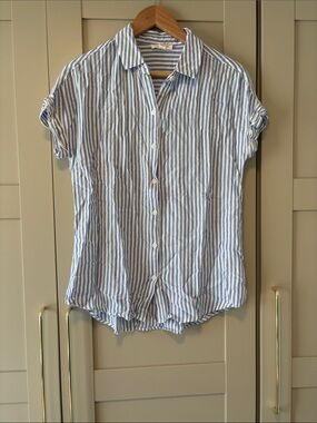 beachlunchlounge Blue and White Vertical Stripe Short-Sleeve Button-Up Shirt